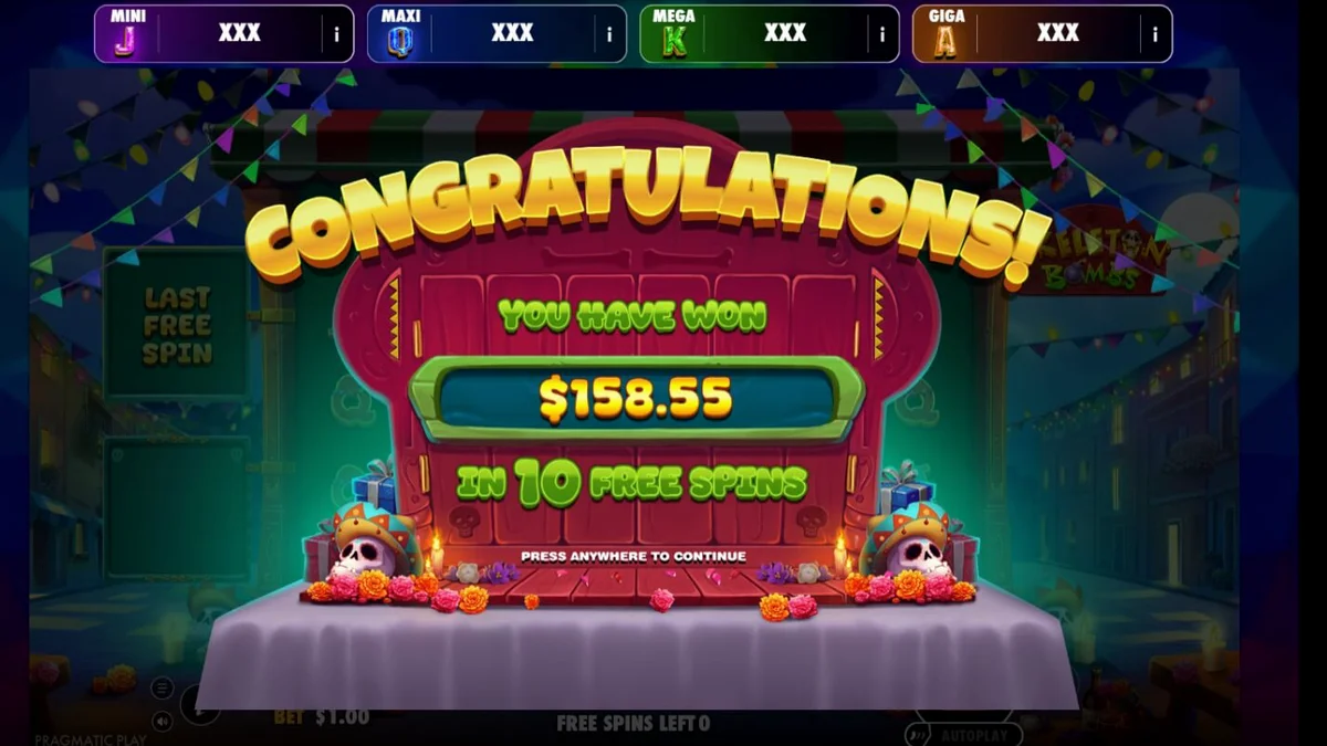 Cena vibrante do slot Skeleton Bombs com crânios coloridos e elementos festivos do Dia dos Mortos