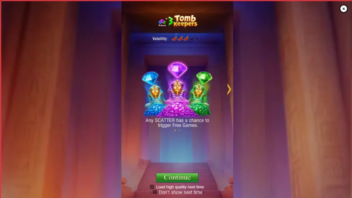 Visual detalhado das estátuas de faraós e símbolos egípcios no slot 3 Tomb Keepers