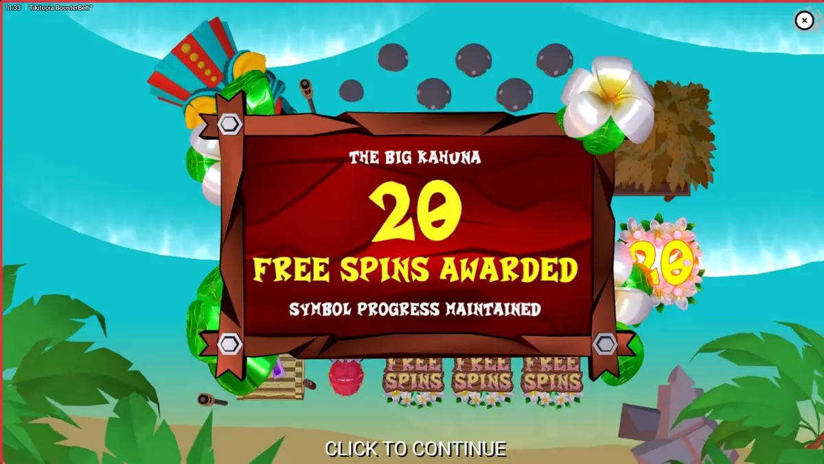 Interface vibrante do slot Tikitopia BoosterBelt com elementos tropicais e o totem Big'Um Tiki.